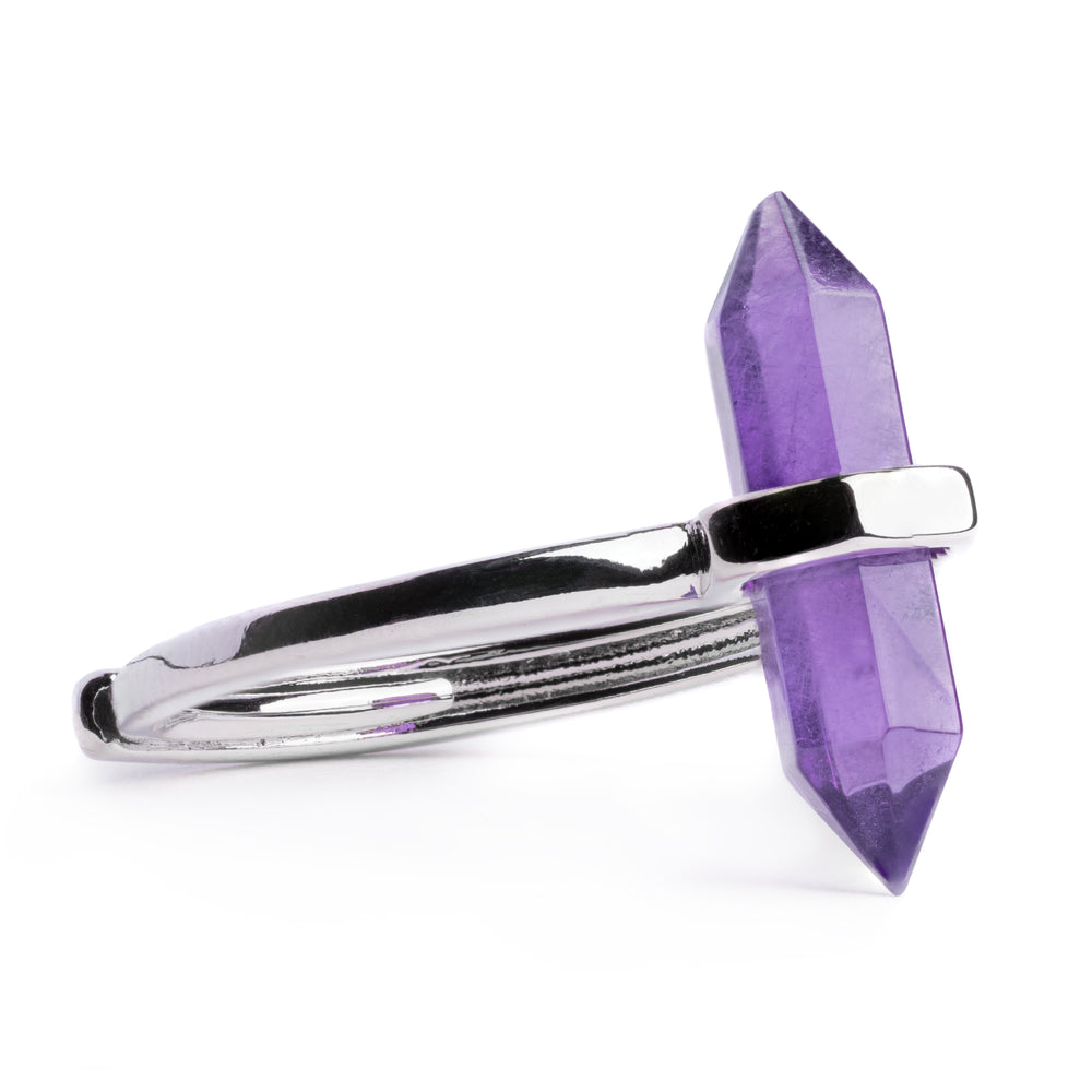 Silver & Amethyst Crystal Ring - Stone & Silver Steel Adjustable Ring