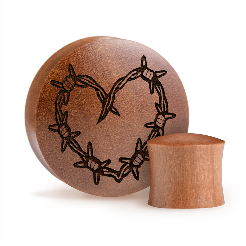 Plug / Gauge Tatouage cœur en fil barbelé - Bois de Saba | Convexe double évasé