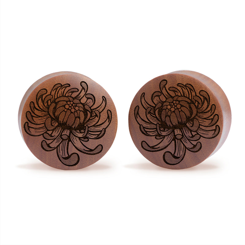 Plug / Gauge Fleur de chrysanthème - Bois de Saba | Convexe double évasé