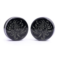 Plug / Gauge Fleur de chrysanthème - Verre noir | Face plate double évasé