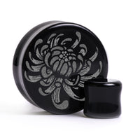 Plug / Gauge Fleur de chrysanthème - Verre noir | Face plate double évasé