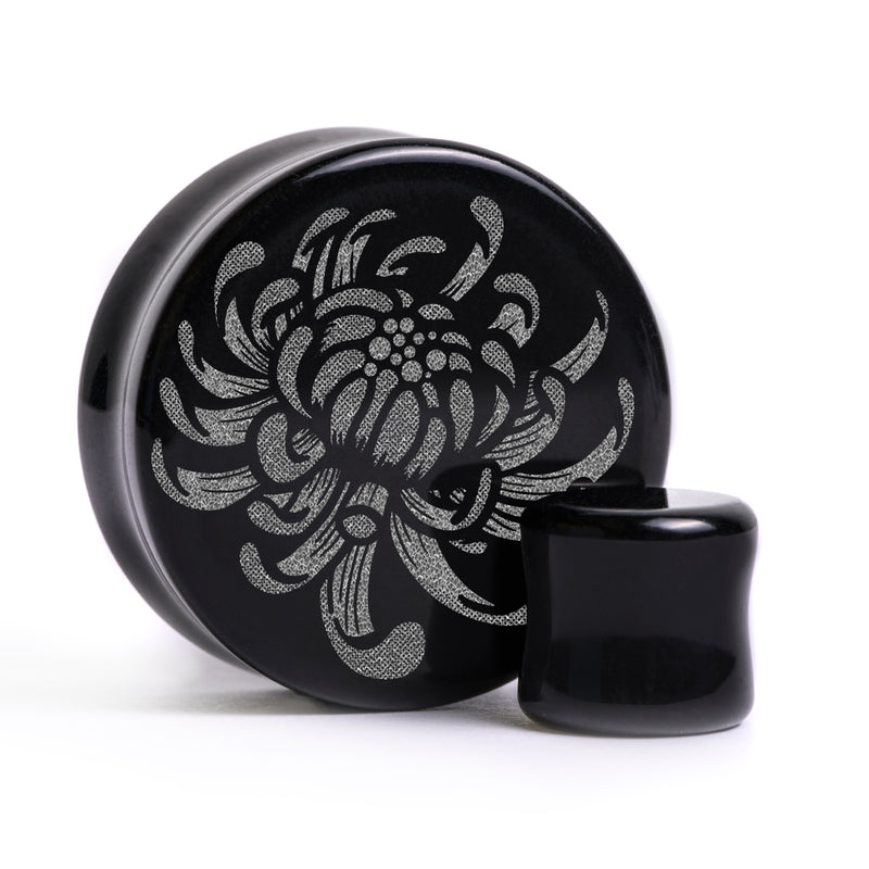 Plug / Gauge Fleur de chrysanthème - Verre noir | Face plate double évasé