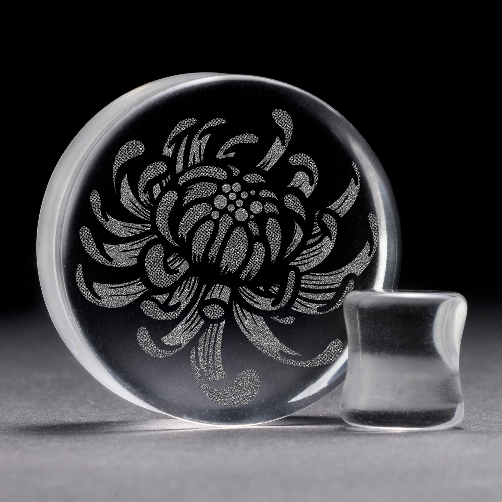 Chrysanthemum Flower Plug / Gauge - Clear Glass | Flat Faced Double Flare