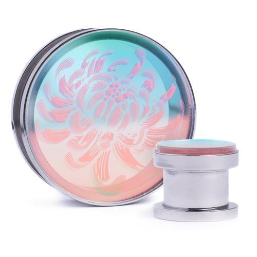 Chrysanthemum - Iridescent Inlay Silver Screwback Double Flare Steel Ear Stretching Tunnel / Gauge