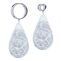 Boucles d'oreilles plug pivoine en goutte à pampille, acrylique transparent