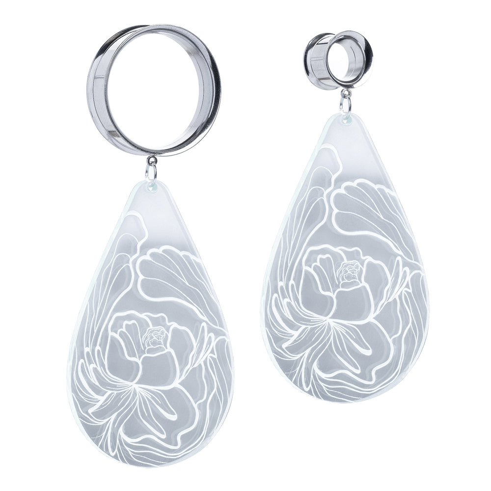 Clear Acrylic Peony Teardrop Dangle Plug Earrings - Metal Double Flare Ear Tunnel Plug / Dangle Earrings in 6mm (2g) - 30mm - (1.18") Gauge Sizes