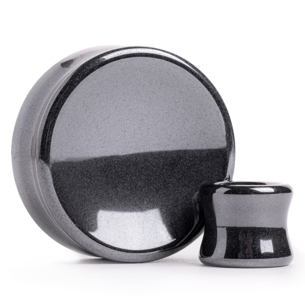 Concave Hematite Double Flare Stone Plug / Gauge - Double Flare Stone Ear Plugs / Gauges in 6mm (2g) to 30mm (1.18")