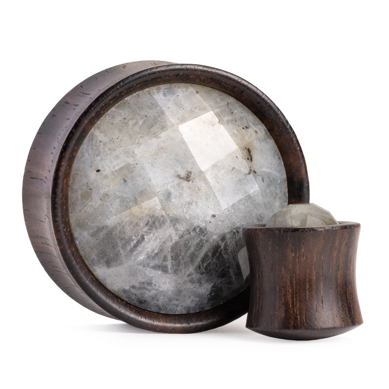 Plug / Gauge d'oreille en bois d'ébène, incrustation de pierre de labradorite à facettes