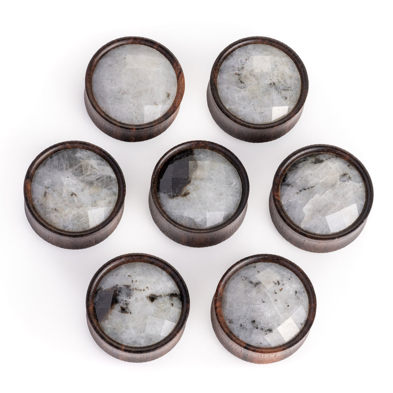 Plug / Gauge d'oreille en bois d'ébène, incrustation de pierre de labradorite à facettes