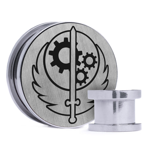 Brotherhood Of Steel Logo - Brushed Silver & Black Inlay Steel Screw Back / Plug / Gauge