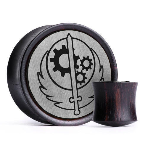 Brotherhood Of Steel Logo Plug / Gauge - Gebürstetes Silber & Schwarzes Inlay Ebenholz | Konvexe Doppelflare