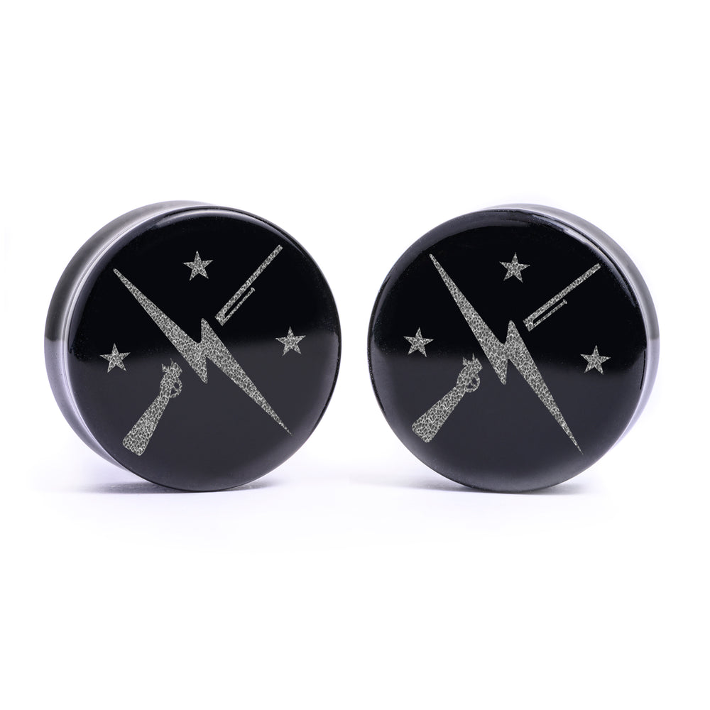 Minutemen Logo Plug / Gauge - Black Glass | Flat Faced Double Flare - Lasered To Order In House At Custom Plugs HQ