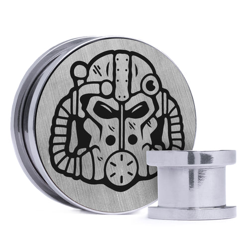 Power Armor Helmet - Brushed Silver & Black Inlay Steel Screw Back / Plug / Gauge