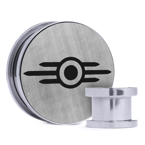 Vault-Tec Logo - Brushed Silver & Black Inlay Steel Screw Back / Plug / Gauge