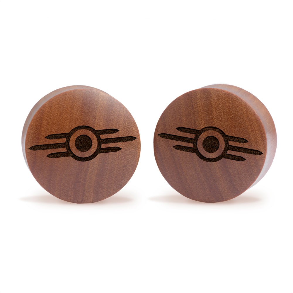 Vault-Tec Logo Plug / Gauge - Saba Wood | Convex Double Flare - Lasered To Order In House At Custom Plugs HQ