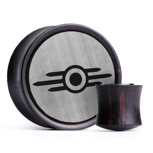 Vault-Tec Logo Plug / Dehnstab - Gebürstetes Silber & Schwarze Einlage Ebenholz | Konvexe Doppelflare