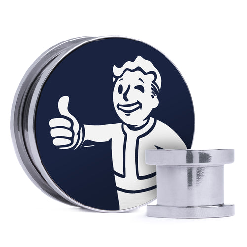 Vault Boy - Blue & White Inlay Steel Screw Back / Plug / Gauge