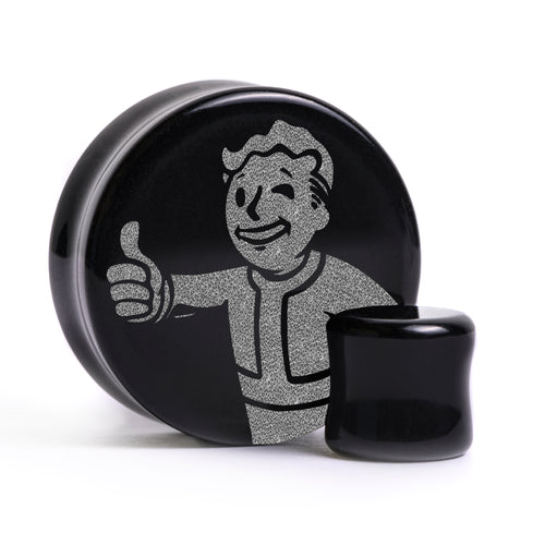Vault Boy Plug / Dehnstab - Schwarzes Glas | Flache Vorderseite, Double Flare