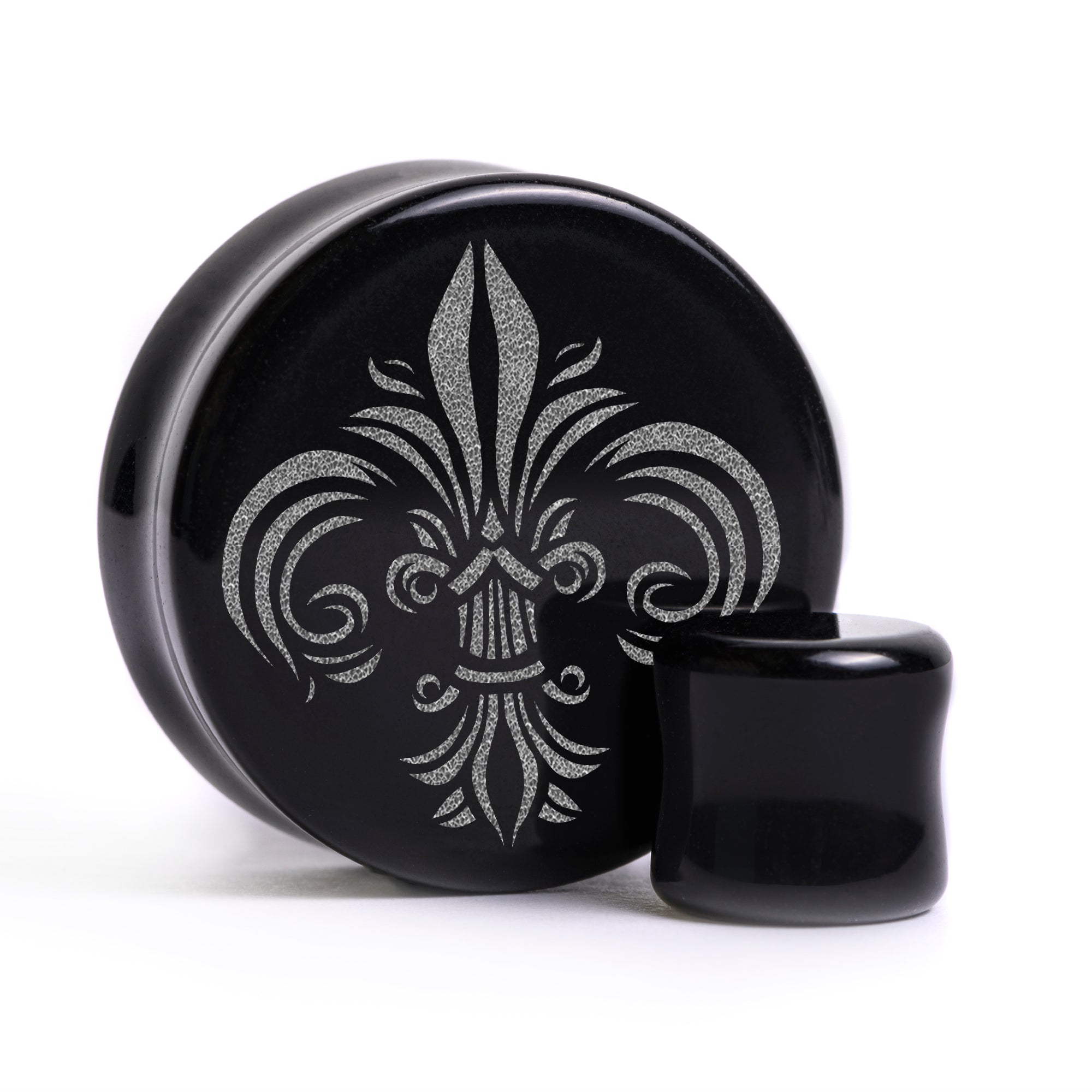 Fleur De Lis Lilly Plug / Messgerät - Schwarzes Glas | Flache Doppelkonische Ausweitung