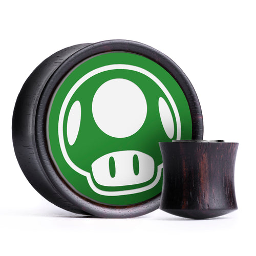 1-Up Mushroom Plug / Tunnel - Grün & Weiß Einlage Ebenholz | Konvexer Doppel-Flare