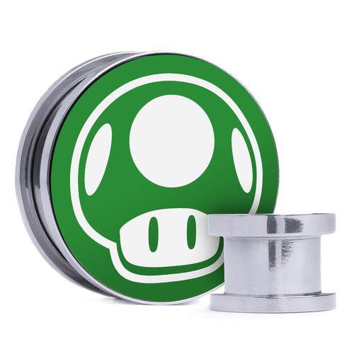 1-Up Mushroom - Green & White Inlay Steel Screw Back / Plug / Gauge