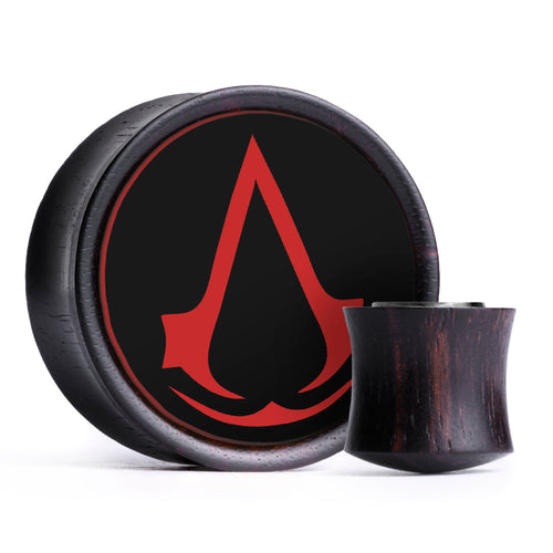 Assassins Creed Logo Plug / Gauge - Black & Red Inlay Ebony Wood | Convex Double Flare