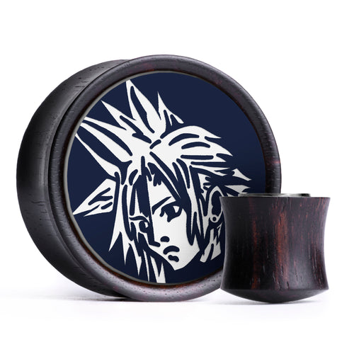 Cloud Strife Plug / Gauge - Blue & White Inlay Ebony Wood | Convex Double Flare