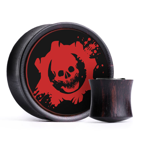 Gears Of War Logo Plug / Gauge - Black & Red Inlay Ebony Wood | Convex Double Flare