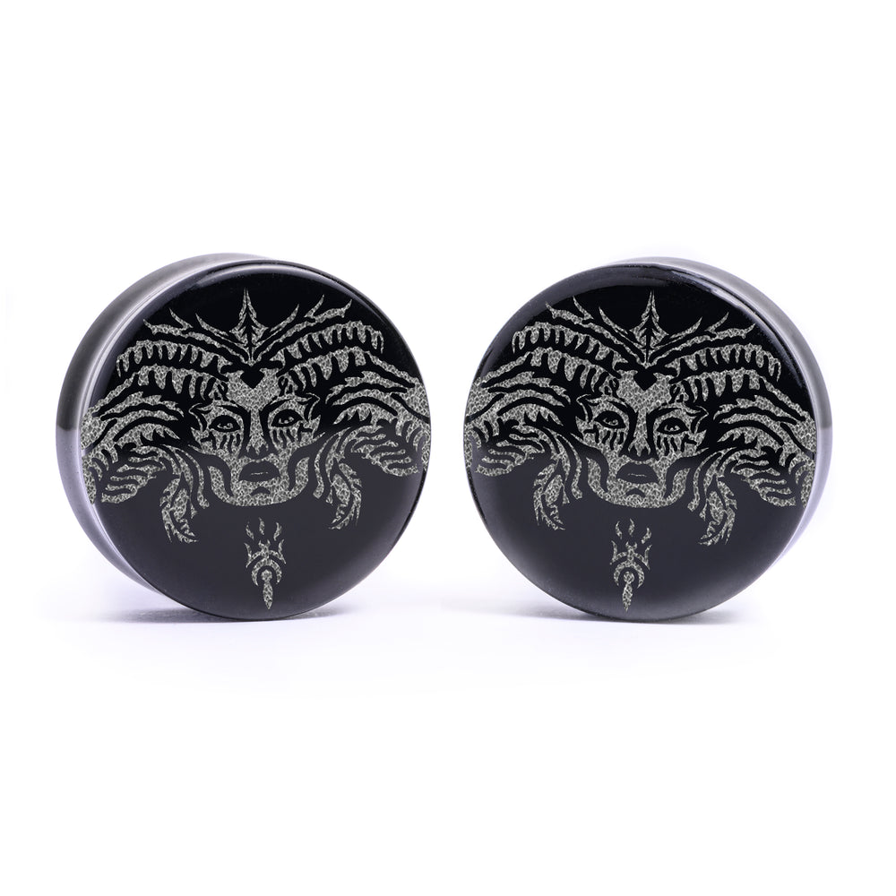 Lilith - Diablo Plug / Gauge - Black Glass | Flat Faced Double Flare - Lasered To Order In House At Custom Plugs HQ