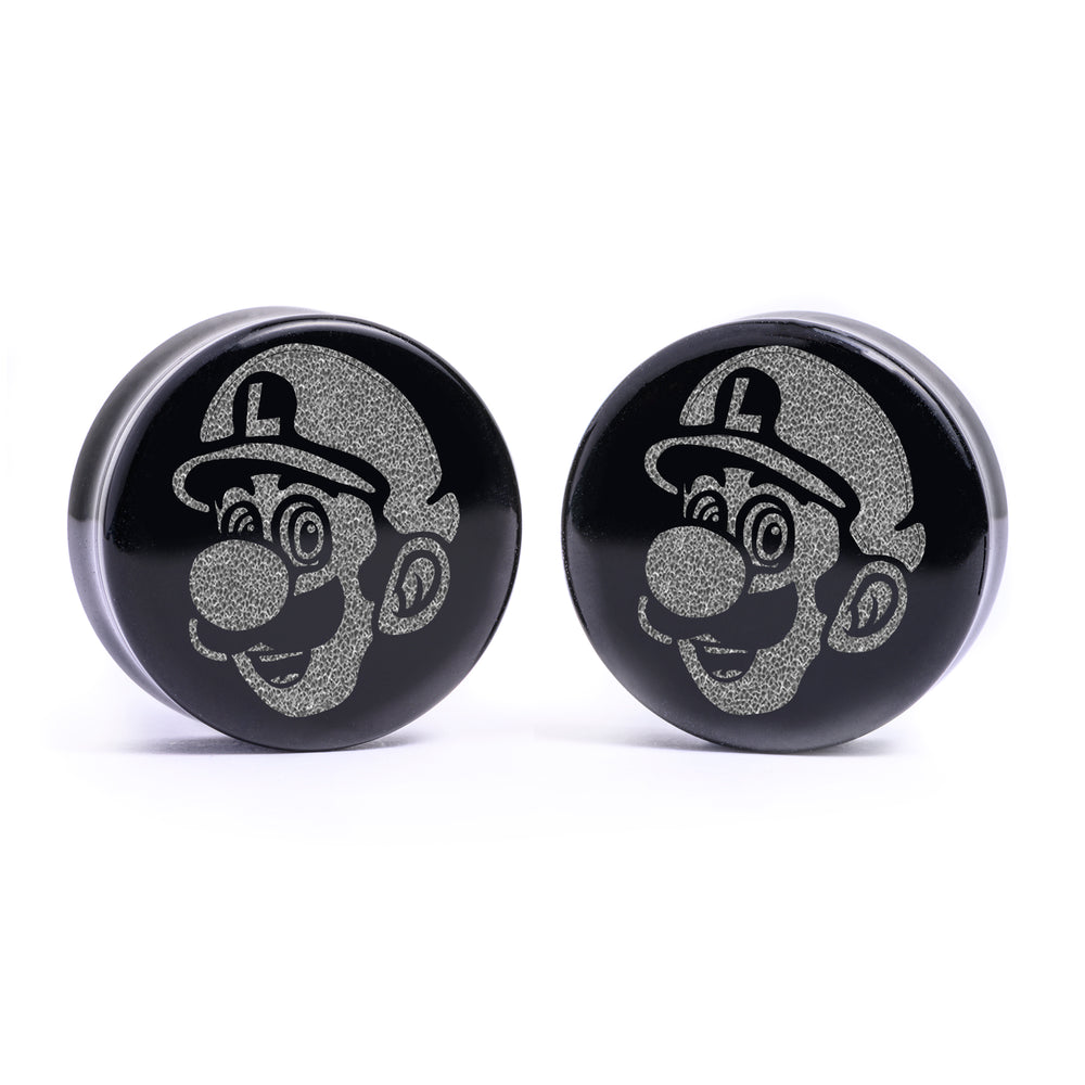 Luigi Plug / Gauge - Black Glass | Flat Faced Double Flare - Lasered To Order In House At Custom Plugs HQ