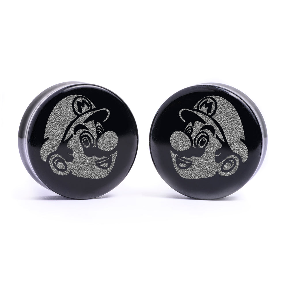 Mario Plug / Gauge - Black Glass | Flat Faced Double Flare - Lasered To Order In House At Custom Plugs HQ