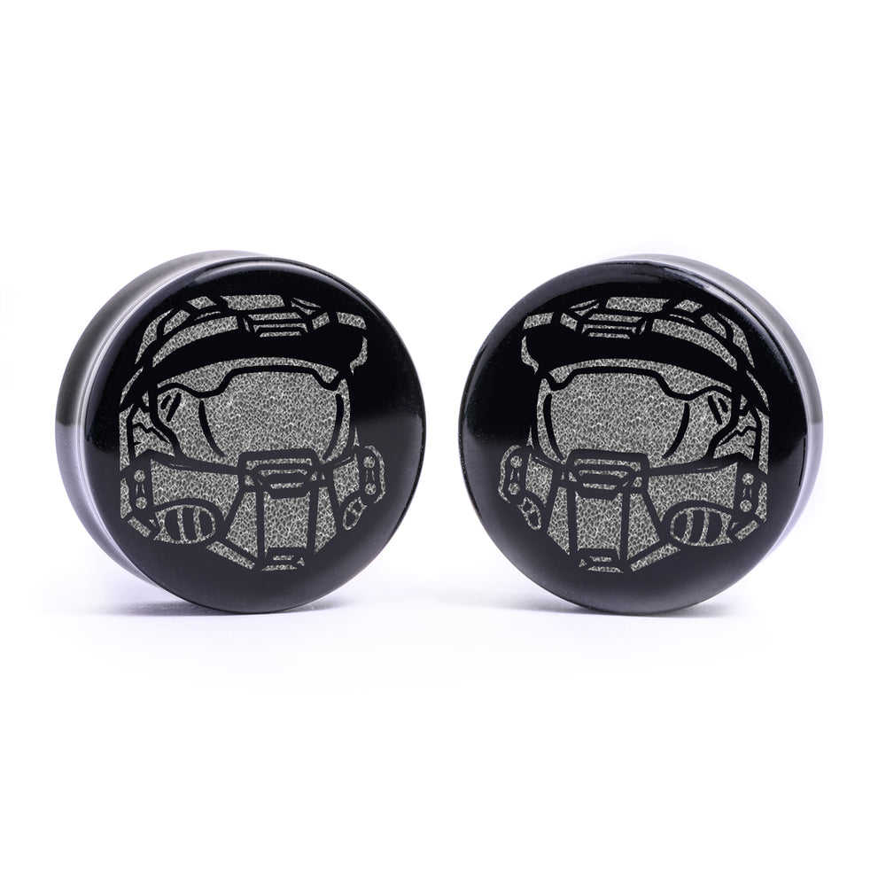 Master Chief Plug / Gauge - Black Glass | Flat Faced Double Flare - Lasered To Order In House At Custom Plugs HQ