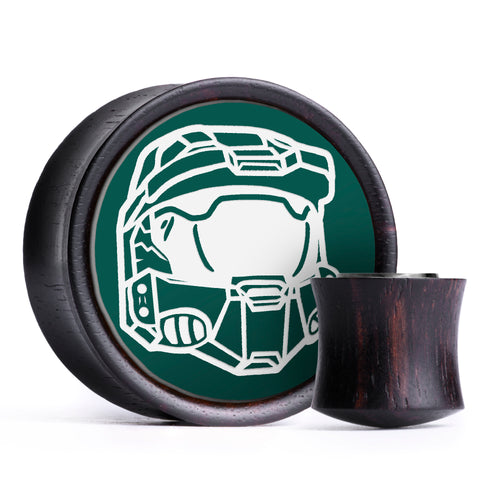 Master Chief Plug / Gauge - Evergreen & White Inlay Ebony Wood | Convex Double Flare