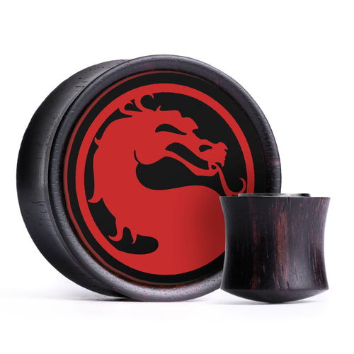 Mortal Kombat Logo Plug / Gauge - Black & Red Inlay Ebony Wood | Convex Double Flare