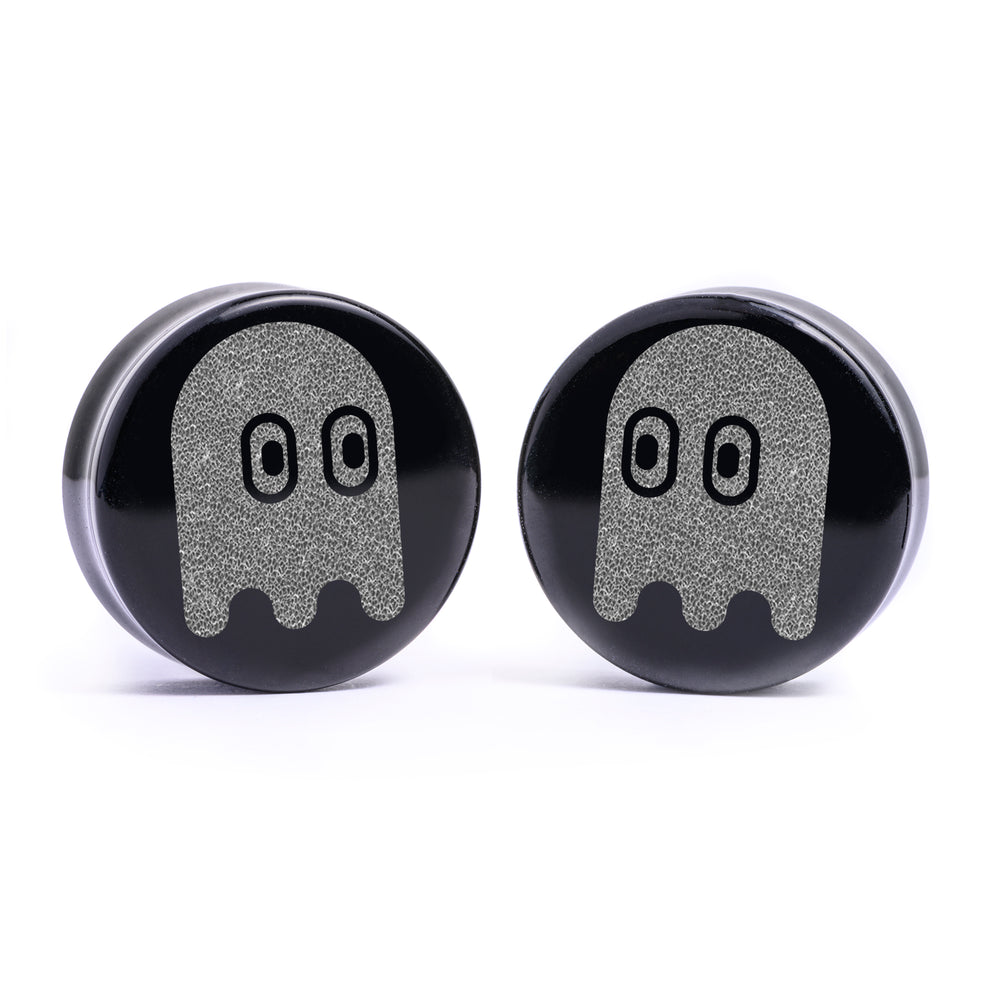 Pac-Man Ghost Plug / Gauge - Black Glass | Flat Faced Double Flare - Lasered To Order In House At Custom Plugs HQ