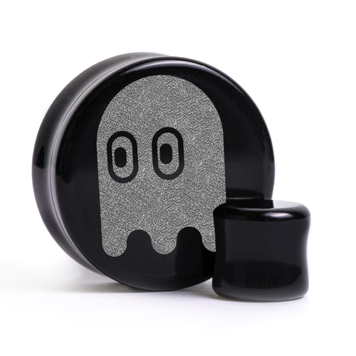 Pac-Man Geist Plug / Tunnel - Schwarzes Glas | Flache Vorderseite, Double Flare