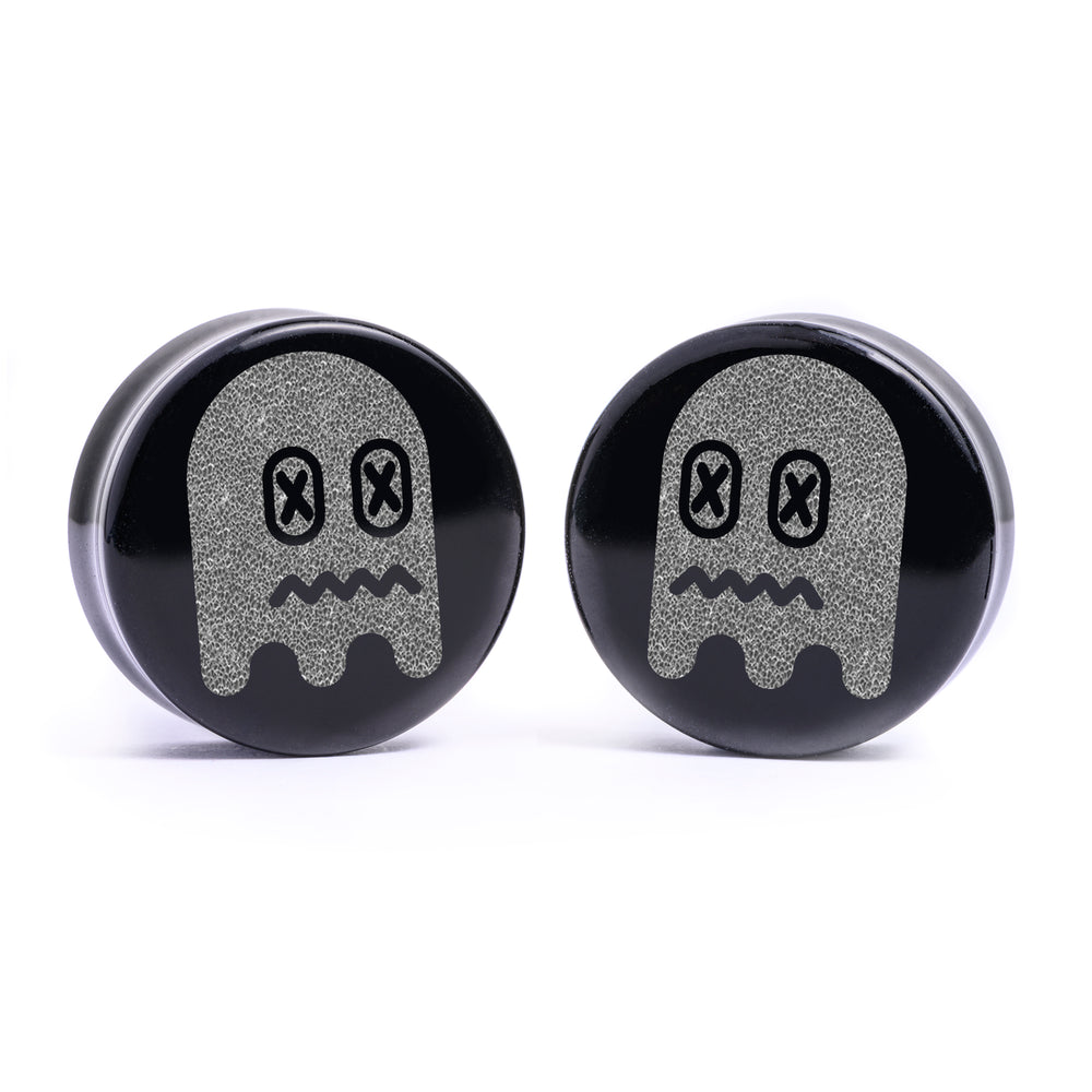 Pac-Man verängstigter Geist Plug / Dehnstab - Schwarzes Glas | Flache Vorderseite, Double Flare