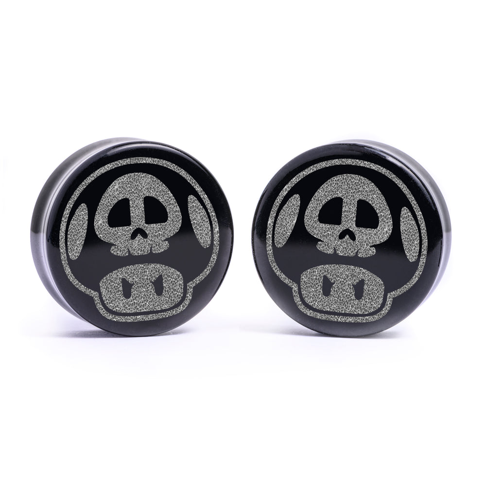 Poison Mushroom Plug / Gauge - Black Glass | Flat Faced Double Flare - Lasered To Order In House At Custom Plugs HQ