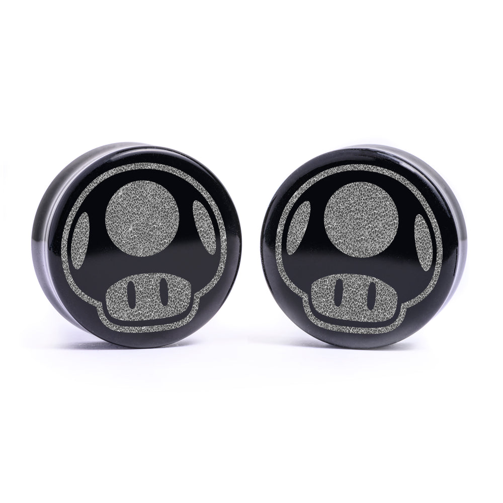 Super Mushroom Plug / Gauge - Schwarzes Glas | Flache Vorderseite, Double Flare