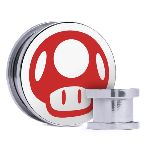 Super Mushroom - White & Red Inlay Steel Screw Back / Plug / Gauge