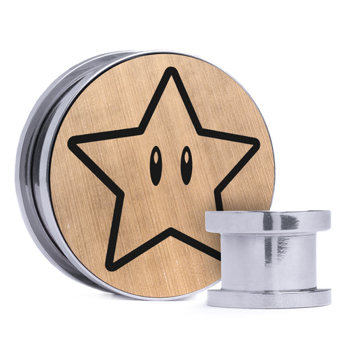 Power Star - Brushed Gold & Black Inlay Steel Screw Back / Plug / Gauge