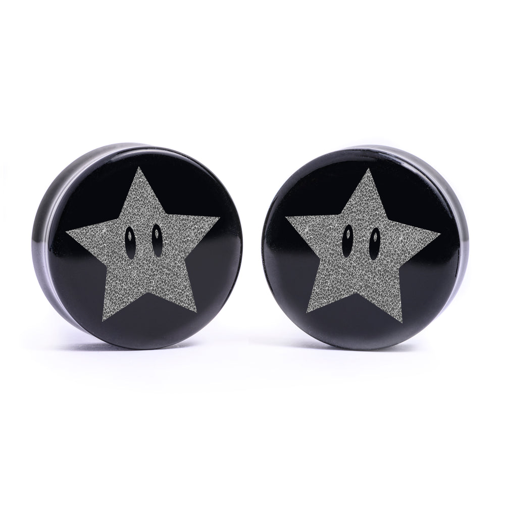 Power Star Plug / Gauge - Black Glass | Flat Faced Double Flare - Lasered To Order In House At Custom Plugs HQ