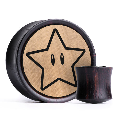 Power Star Plug / Messgerät - Gebürstetes Gold & Schwarzes Einlage Ebenholz | Konvexe Doppelflare