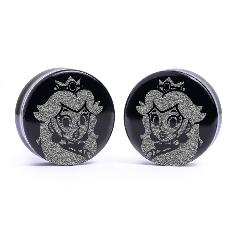 Princess Peach Plug / Gauge - Black Glass | Flat Faced Double Flare - Lasered To Order In House At Custom Plugs HQ