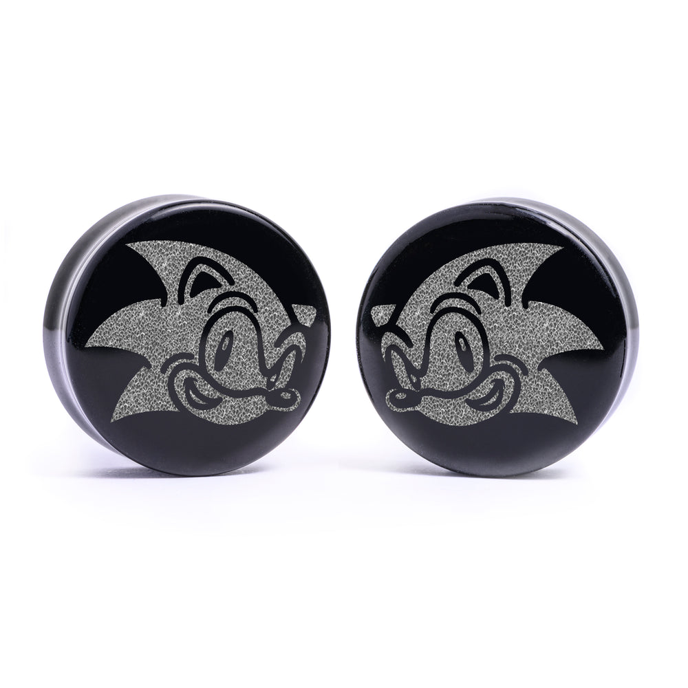 Sonic The Hedgehog Plug / Gauge - Black Glass | Flat Faced Double Flare - Lasered To Order In House At Custom Plugs HQ