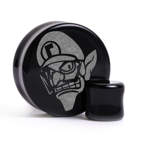 Waluigi Plug / Dehnstab - Schwarzes Glas | Flache Vorderseite, Double Flare