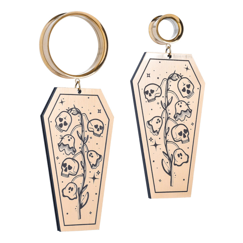 Boucles d'oreilles plug à pampille cercueil fleurs mortes doré