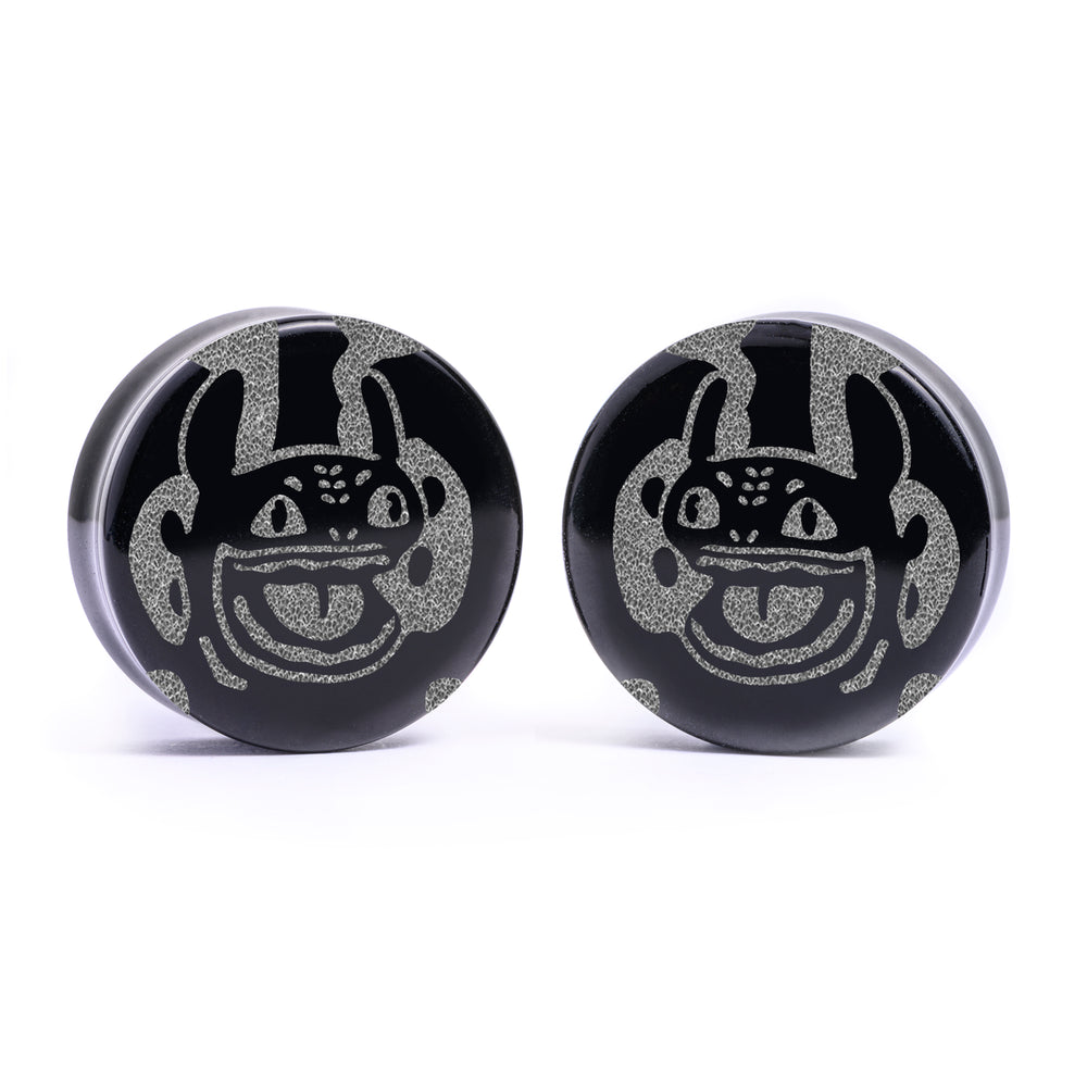 Goofy Toothless Plug / Gauge - Black Glass | Flat Faced Double Flare - Lasered To Order In House At Custom Plugs HQ