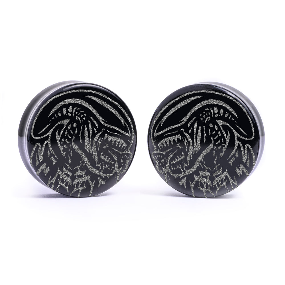 Alien Xenomorph Plug / Dehnungsstab - Schwarzes Glas | Flach Gesichts Doppelflansch