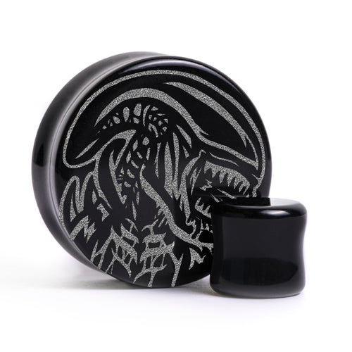 Alien Xenomorph Plug / Dehnungsstab - Schwarzes Glas | Flach Gesichts Doppelflansch